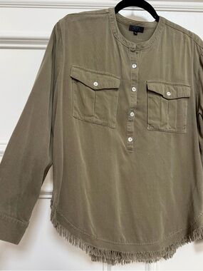 Sen Olive Utility Henley Blouse with Fringe Hem